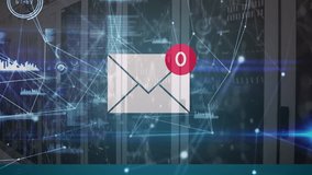 Animation of envelope icon and network of connections with data processing over server room. Global connections, computing and digital interface concept digitally generated video. - Powered by Shutterstock - Get 15% off with code: PIKWIZARD15