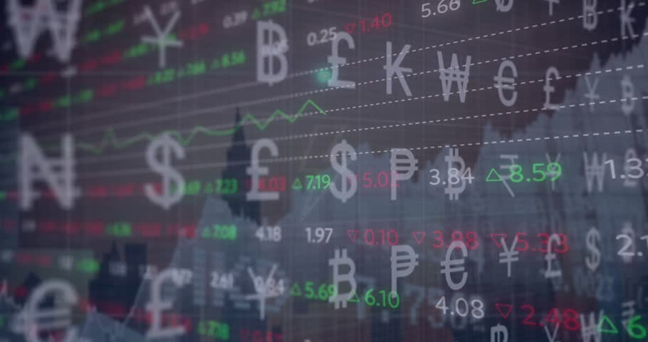 Animation of currency symbols, thunder symbol and trading board over modern building in background. Digital composite, multiple exposure, banking, finance, stock market and architecture concept.