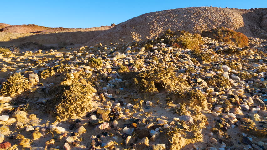 A desert, arid area subject to erosion against a backdrop of colorful hills.