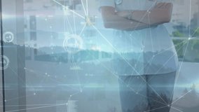 Animation of connected dots, graphs, scenic view of mountains and smiling female caucasian doctor. Digital composite, multiple exposure, report, data, nature, portrait, healthcare, technology. . - Powered by Shutterstock - Get 15% off with code: PIKWIZARD15