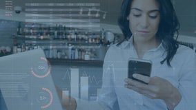 Animation of financial data processing over caucasian businesswoman using smartphone. Global business, finances, computing and data processing concept digitally generated video. - Powered by Shutterstock - Get 15% off with code: PIKWIZARD15