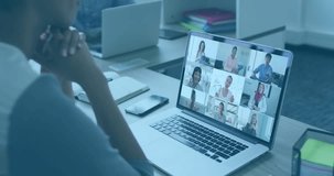 User resting on laptop while monitoring online business meeting, viewing data overlays updating. Collaboration, technology, analytics, remote, workspace, communication, data visualization - Powered by Shutterstock - Get 15% off with code: PIKWIZARD15