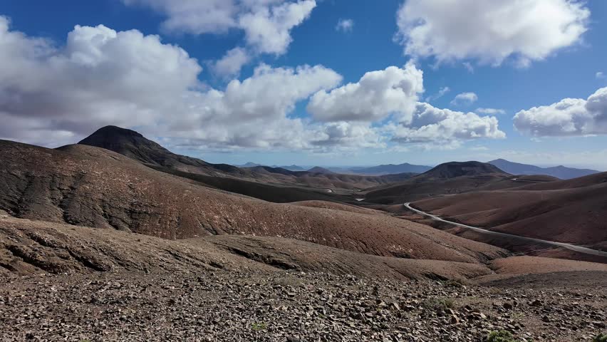 Scenic mountain landscape with winding road on Fuerteventura, Canary Islands. 