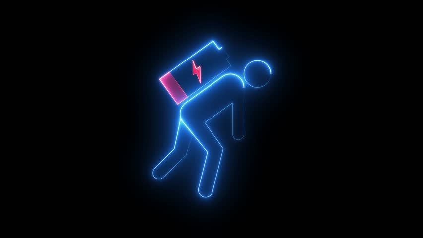Neon Low Energy Worker Icon Animation on Black Background, Exhausted Person with Battery Symbol, Tired worker, Burnout, Fatigue, Low Power Status, Mental Health