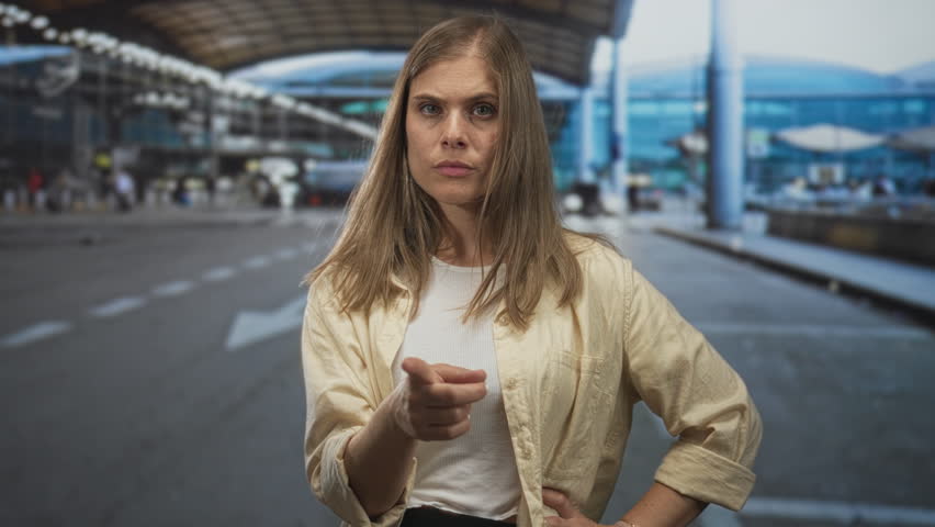 Woman with blonde hair wearing a beige shirt and white top pointing finger upward at airport terminal curbside outdoors; assertion.