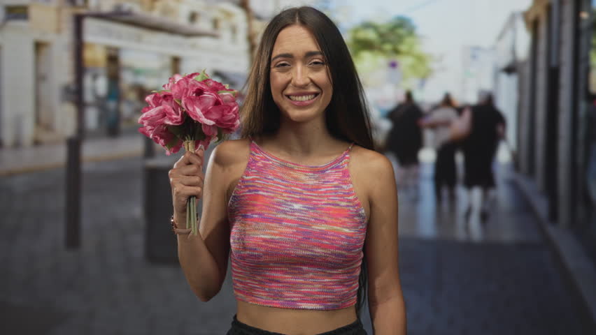 Woman hispanic young holding pink bouquet close to face with eyes closed on a busy city street, wearing knit crop top and standing still; serenity.