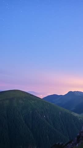 Vertical Timelapse Milky Way Galaxy Stars over Forest Before Sunrise, Night to Day 