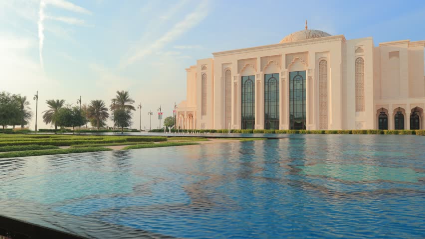 Views of the Oriental Palace. Architectural elements of buildings, arches and columns, windows and doors. On the streets of the Abu Dhabi, in public spaces.