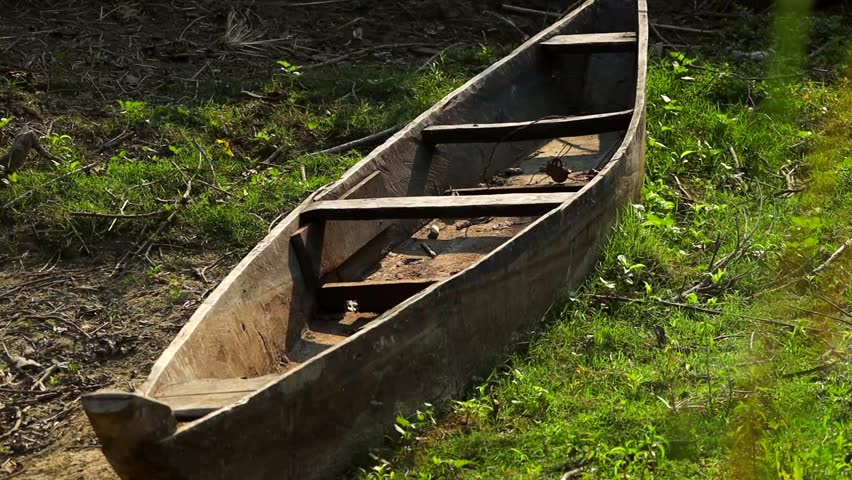 A close-up view of a traditional wooden canoe resting on a grassy riverbank, showcasing weathered wood textures and simple handcrafted structure. Natural sunlight highlights the rustic details, creating a calm rural mood that represents traditional transport, sustainability, heritage lifestyle, and peaceful nature scenes. Suitable for concepts related to countryside life, travel, ecology, and simplicity.