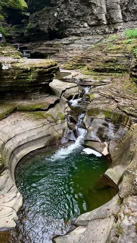 Close-Up of Emerald-Colored Pool Fed by Waterfall (Watkins Glen State Park, Watkins Glen, New York, USA)