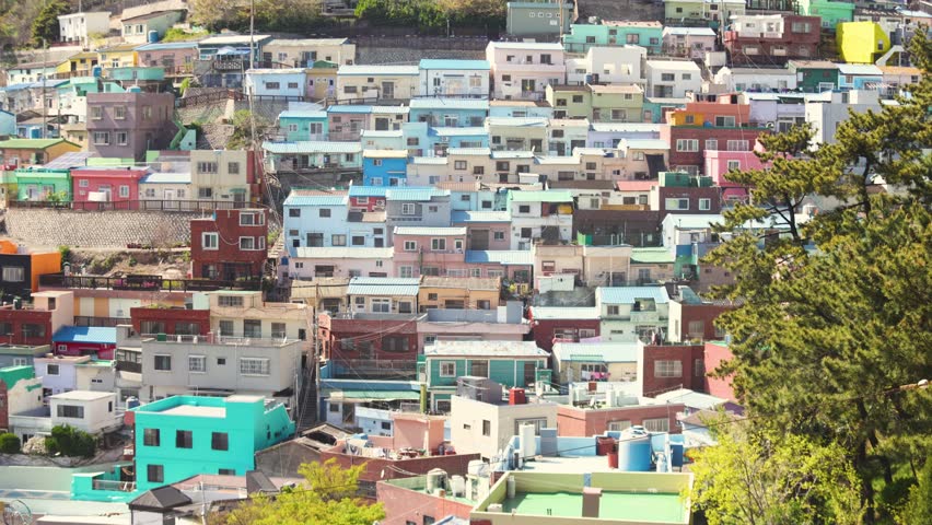 Gamcheon Culture village, Busan city, South Korea, Gamcheon-dong, Saha District, beautiful view of streets and multicoloured houses in a spring sunny day, Republic of Korea travel landscape