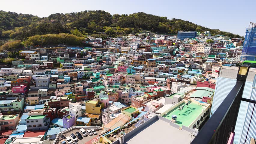Gamcheon Culture village, Busan city, South Korea, Gamcheon-dong, Saha District, beautiful view of streets and multicoloured houses in a spring sunny day, Republic of Korea travel landscape