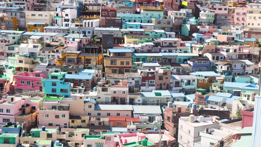 Gamcheon Culture village, Busan city, South Korea, Gamcheon-dong, Saha District, beautiful view of streets and multicoloured houses in a spring sunny day, Republic of Korea travel landscape