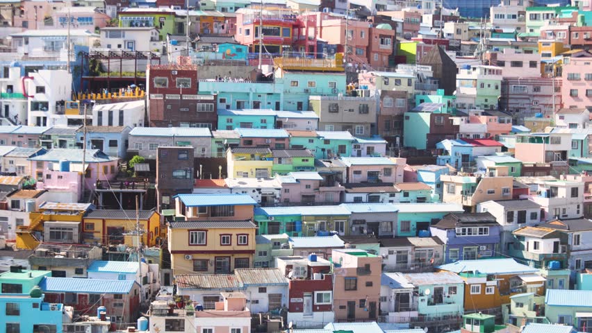 Gamcheon Culture village, Busan city, South Korea, Gamcheon-dong, Saha District, beautiful view of streets and multicoloured houses in a spring sunny day, Republic of Korea travel landscape