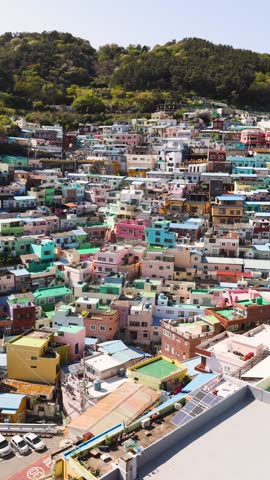 Gamcheon Culture village, Busan city, South Korea, Gamcheon-dong, Saha District, beautiful view of streets and multicoloured houses in a spring sunny day, Republic of Korea travel landscape
