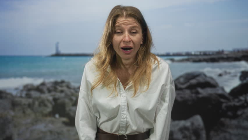 Woman with lips pursed and freckled face standing at rocky beach near lighthouse and jetty; serenity reflection.