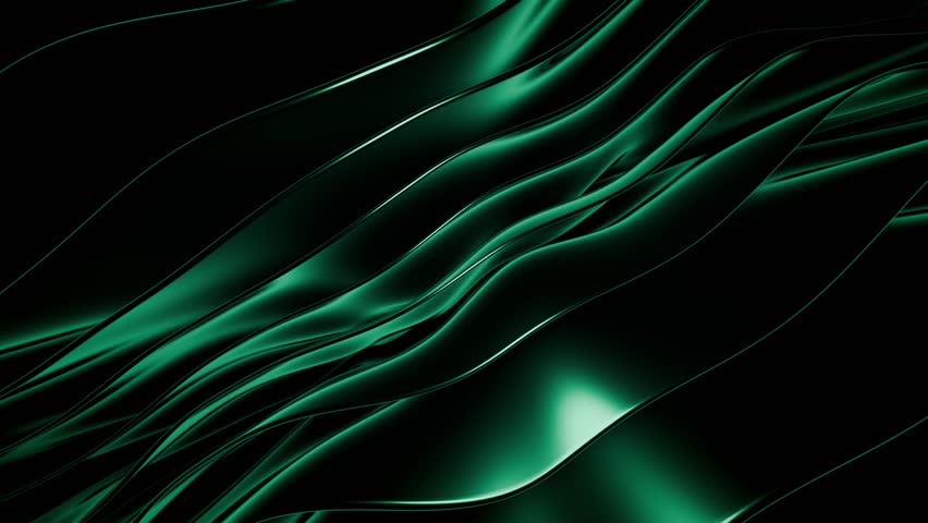 Abstract glossy green waves flowing across a dark background with smooth metallic surfaces. Seamless loop animation of elegant 3D curves stretching diagonally with liquid metal effect. Looped 4K 60fps