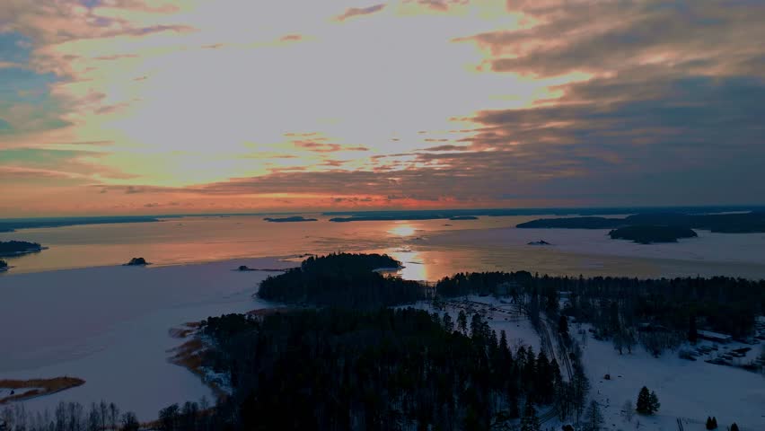Aerial Drone View of Ruissalo Island in Winter at Sunset, Finland