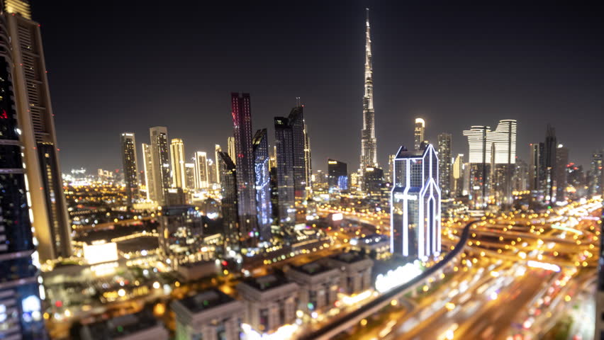 Timelapse of the incredible dubai skyline from a unique high vantage point at night
