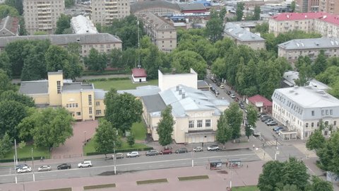 Drone Circling High above Cultural Building Podolsk