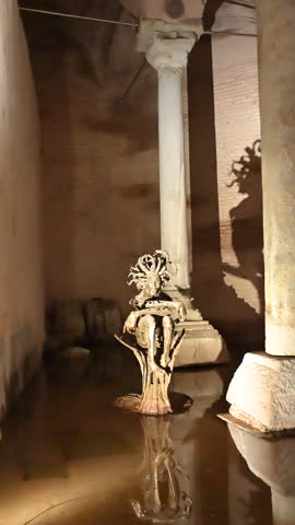 Istanbul,turkey,august 6, 2025. Ancient medusa sculpture reflected in the water of the basilica cistern in istanbul, turkey. A famous historical and mythological landmark