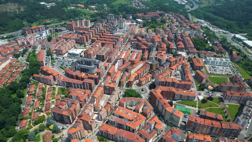 Aerial panoramic view of the Old town of the city Galdácano  in Spain on a sunny summer day.