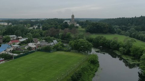 Forward Drone Flight toward Historic Church