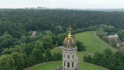 Diagonal Drone Flyby near Historic Church