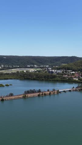 Vertical aerial panorama of Gosford town waterfront on Australian Central coast.