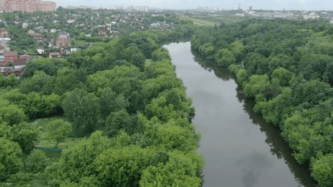 Drone Flying Forward over River Forest