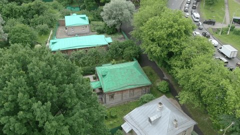 Forward Drone Flight over Historic Buildings Park
