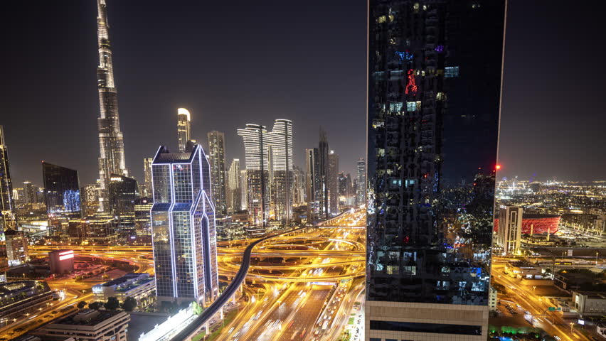 Timelapse of the incredible dubai skyline from a unique high vantage point at night