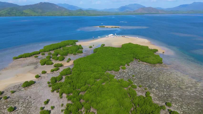 high-angle drone view of a tropical sandbar in the Philippines, capturing the clear coastal waters and distant mountain ranges under a bright sky Luli Island , Palawan travel destination