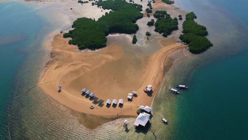 Aerial top down of the sandbar and beach umbrellas at Luli Island, Palawan, Philippines travel holiday destination