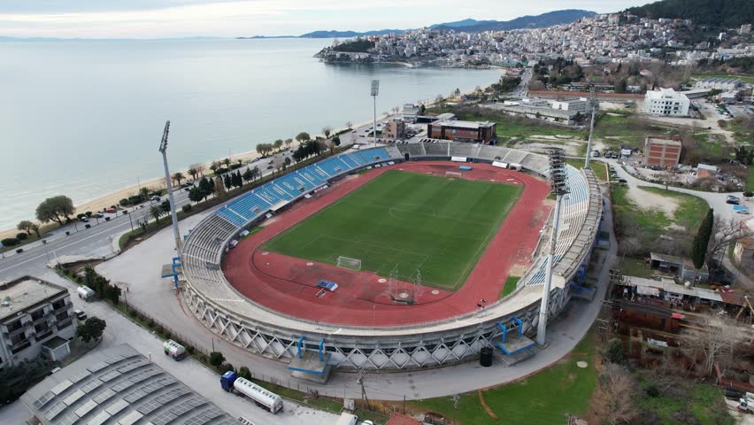 Anthi Karagianni Stadium in Kavala Greece, Perigiali Area, Aerial Point of Interest Shot