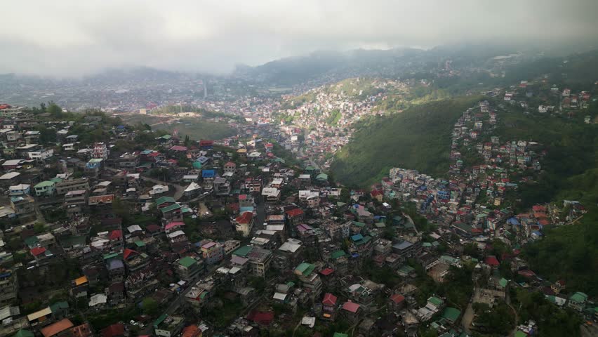 Residential Over Mountains At Quirino Hill Lower In Baguio City, Philippines. Aerial Drone Shot