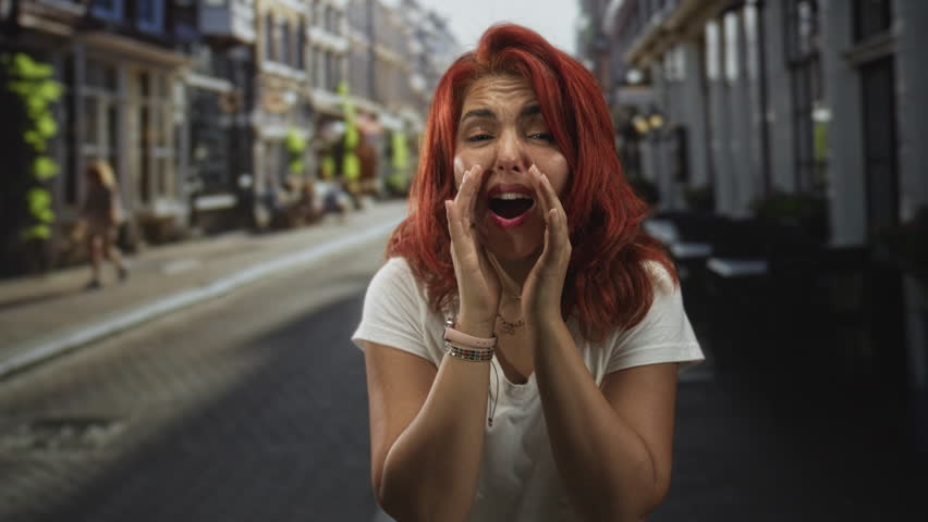 Woman cupping hands around mouth on narrow cobblestone street, red hair and white t shirt, leaning forward with eyes closed calling out to the empty street; excitement.