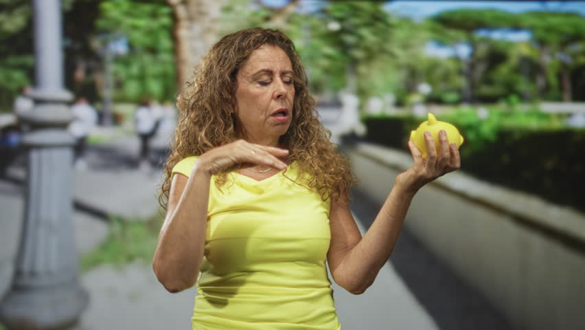 Middle age woman holds piggy bank in right hand and fans herself with left hand while standing on street by a lamppost; financial concern.