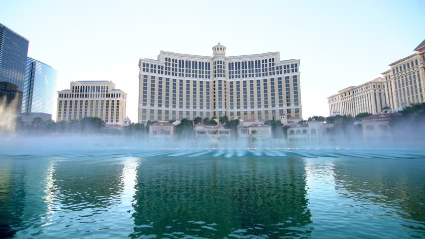 Timelapse of the Bellagio Fountain in Las Vegas. Iconic fountain show, city entertainment, tourism, and nighttime spectacle with water choreography.
