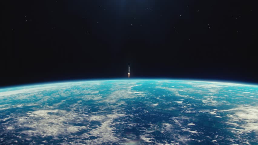 Rocket launching into space from Earth. Space exploration, aerospace, science and futuristic technology concept with propulsion and cosmic journey.