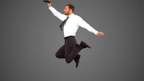 Businessman leaping and holding tablet on grey background in slow motion - Powered by Shutterstock - Get 15% off with code: PIKWIZARD15
