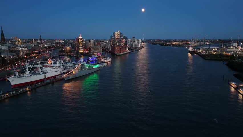 Aerial View of Hamburg Harbor at Night.