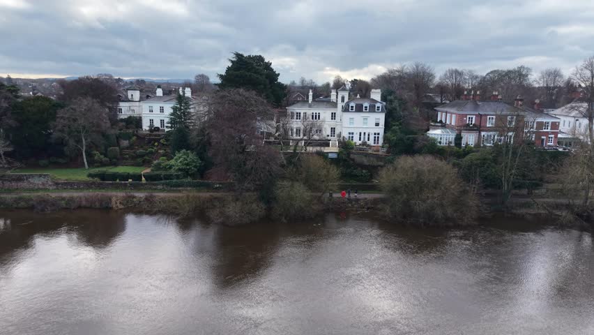 Aerial View of Riverside Victorian Houses.
