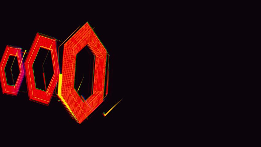 Overlapping angular red hexagonal shapes in a glitch aesthetic with neon outlines in magenta, green, and yellow over a black background in a digital style
