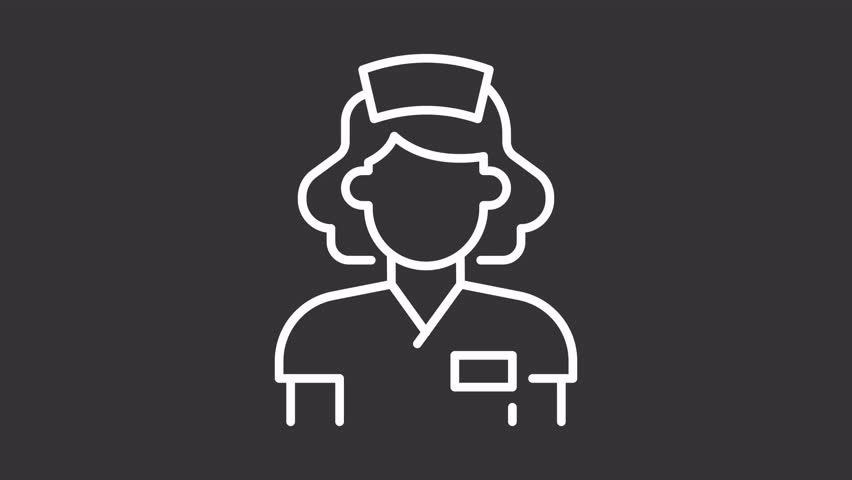 Healthcare worker white line animation. Medical nurse animated icon. Moving head. Professional uniform, clinical service. Isolated element on dark background. Alpha transparent video