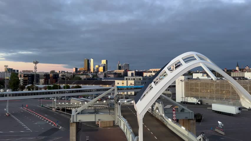 Early morning panoramic view of Tallinn city center from a ship arrived at the port.
