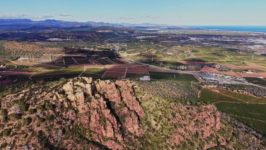 Aerial view of the hills and fields in Spain shows green vineyards and a distant coastline. The landscape stretches across the horizon under a clear sky. This scene captures nature