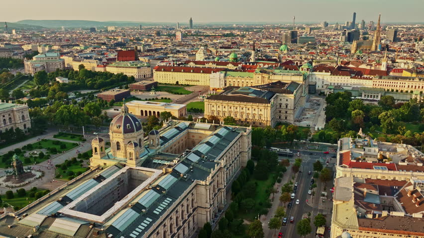 Vienna imperial museum architecture. Vienna historic Maria Theresa heritage aerial view. Theresien Platz in Wien. Vienna historic Maria Theresa heritage landmark. Vienna capital city of Austria.