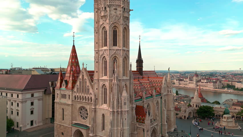 Matthias Church and Fisherman Bastion. Budapest aerial view. Budapest capital of Hungary. Budapest top cityscape panorama. Budapest skyline. Church above historic square. Church city landmark.
