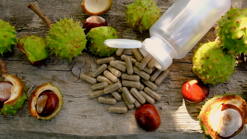 Horse chestnut tincture and supplements. Selective focus.